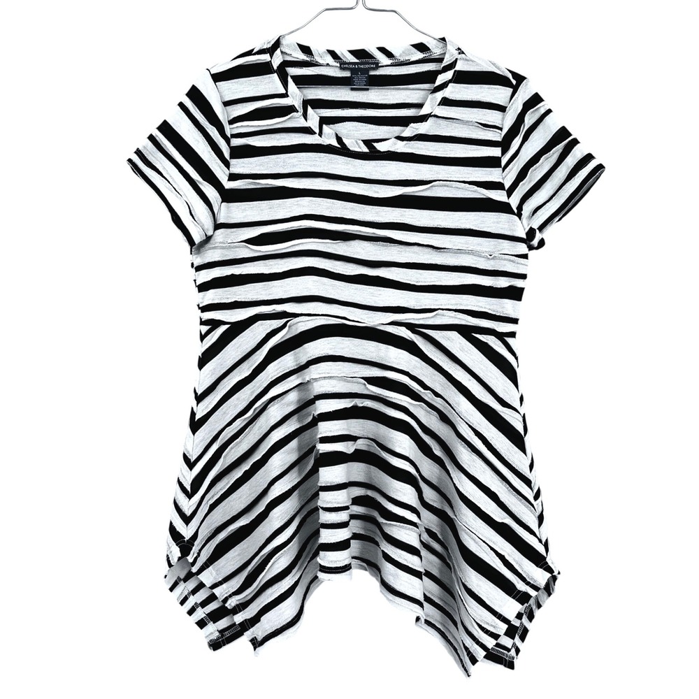 Chelsea &‎ Theodore Striped Tunic Top Black White Short Sleeve Textured Womens L